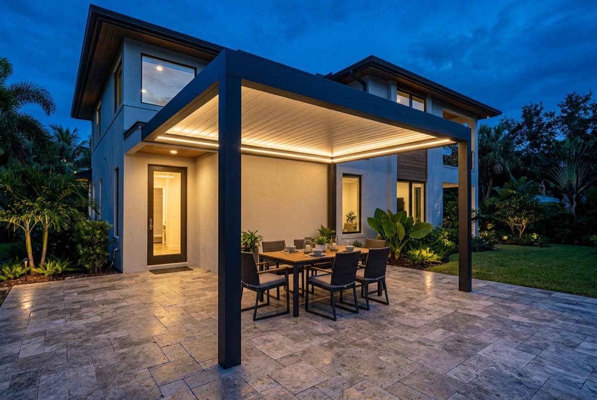 Aluminum patio canopy with built-in LED lighting glowing warm at dusk