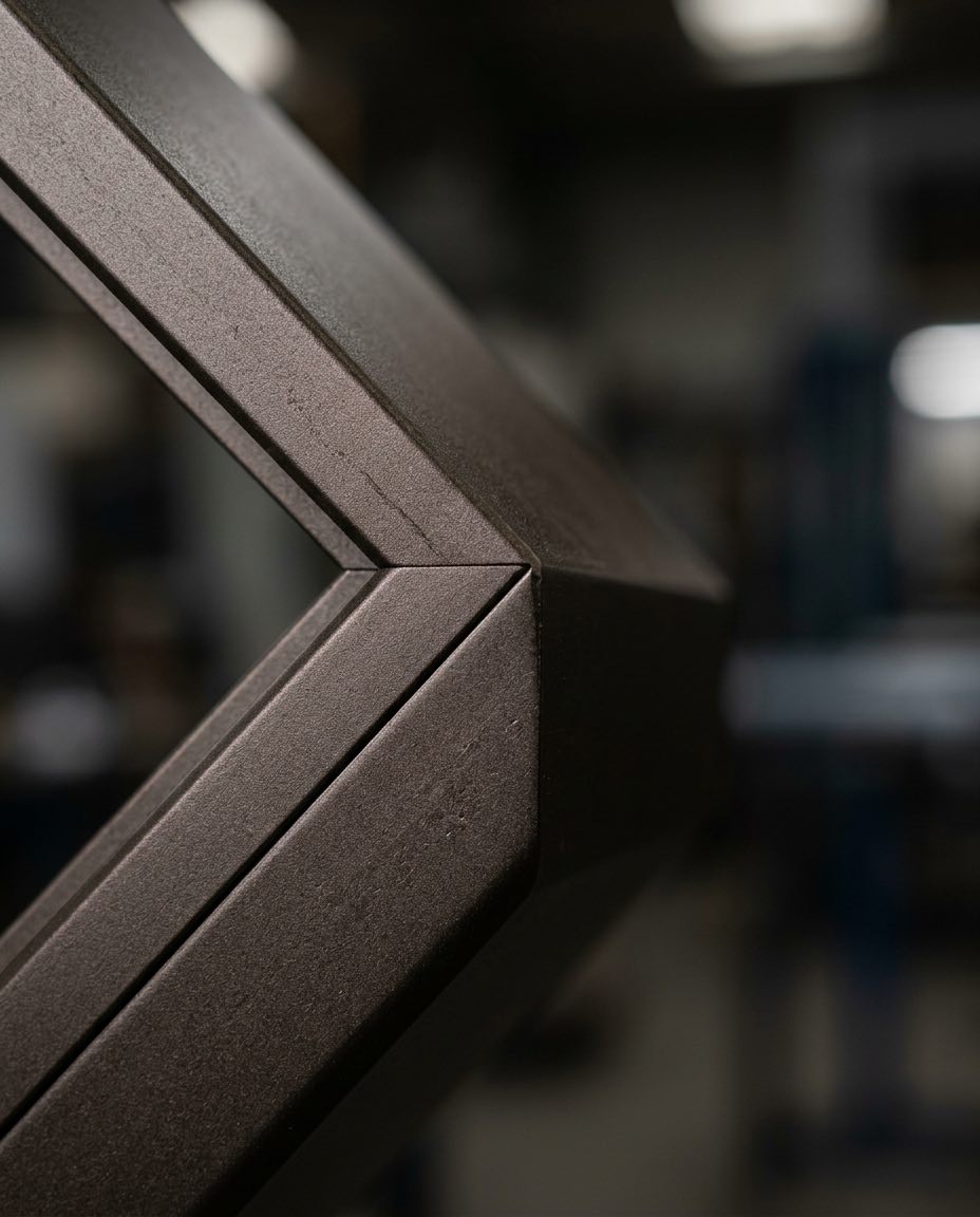 Close-up of a mitred forty-five degree corner joint on a powder-coated aluminum frame