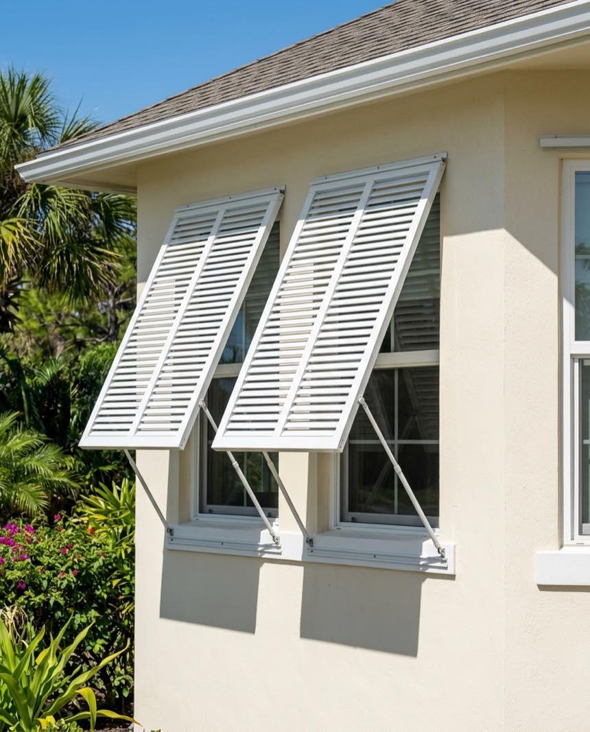 White bahama louvered shutters propped open over windows on a cream stucco wall