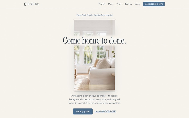 Homepage preview of the Fresh Slate Home Cleaning demo site