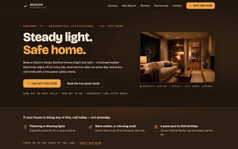 Homepage preview of the Beacon Electric Co. demo site
