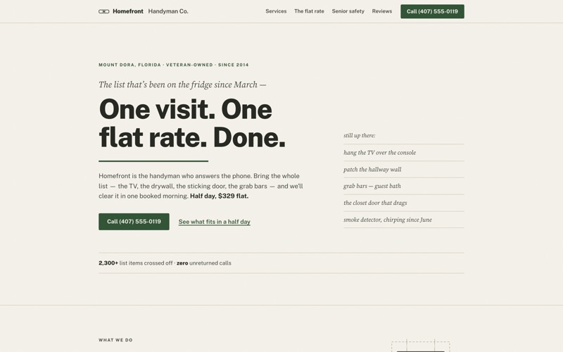 Homepage preview of the Homefront Handyman Co. concept site