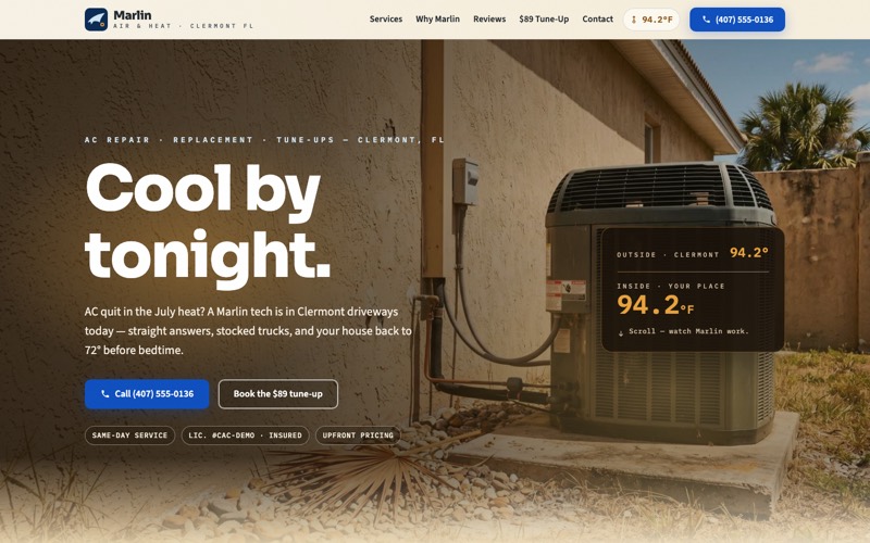 Homepage preview of the Marlin Air & Heat demo site
