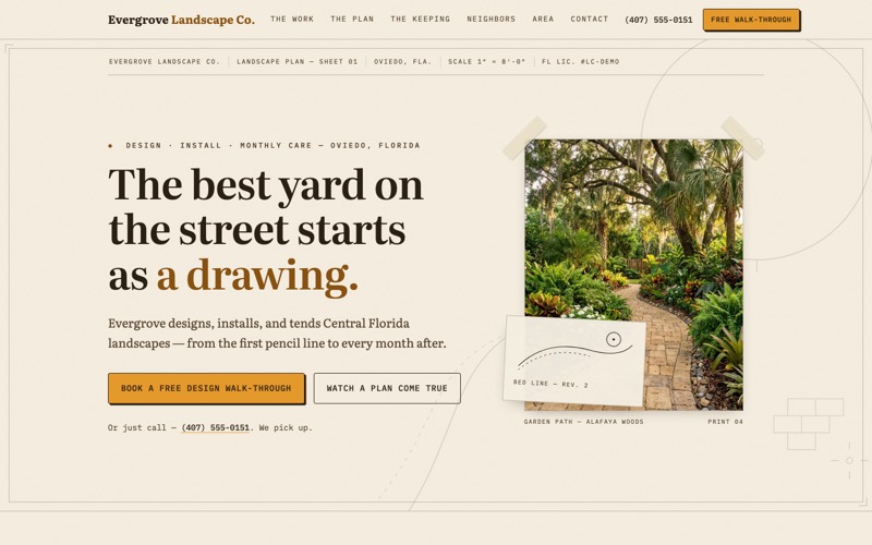Homepage preview of the Evergrove Landscape Co. demo site