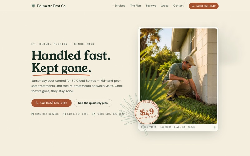 Homepage preview of the Palmetto Pest Co. demo site
