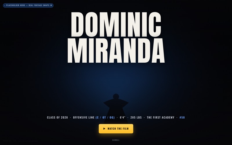 Homepage of Dom Miranda's Army recruiting one-pager