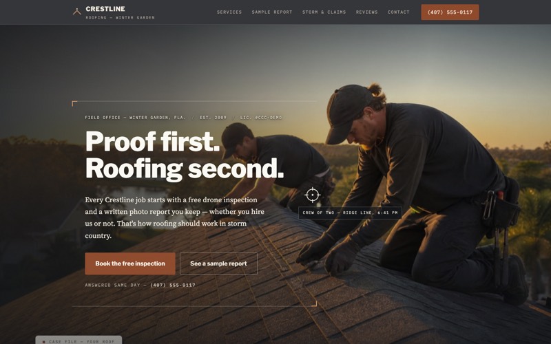 Homepage preview of the Crestline Roofing demo site