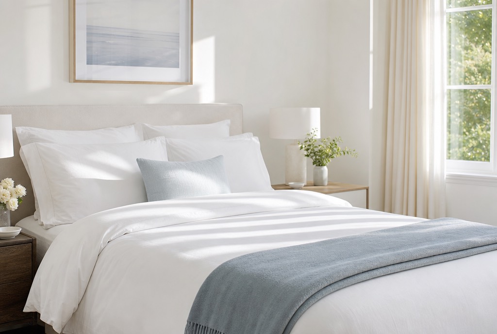 A crisply made bed with white linens and a folded slate-blue throw, morning sun striping the duvet