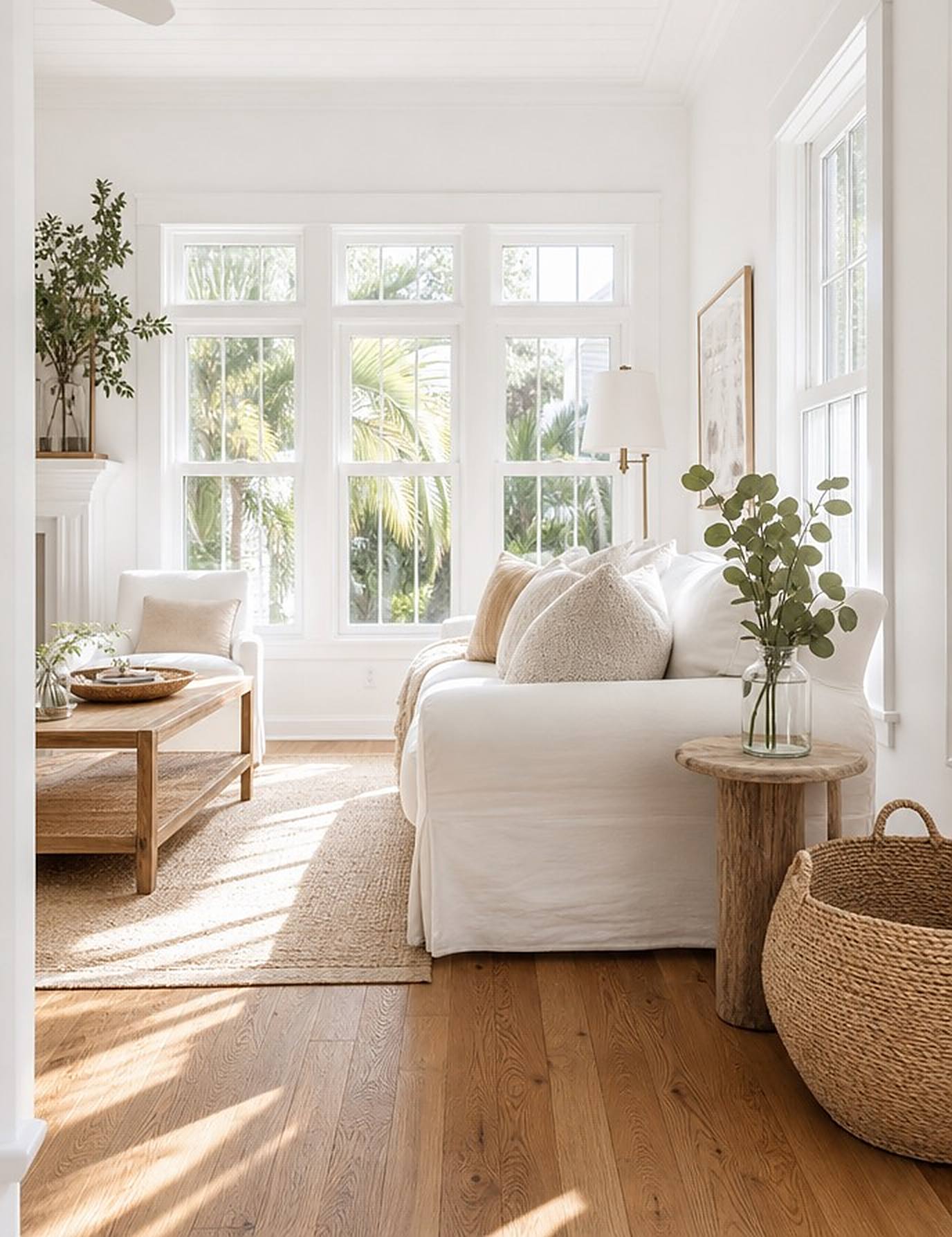 A sun-flooded living room just after its clean — white slipcovered sofa, oak floors striped with morning light