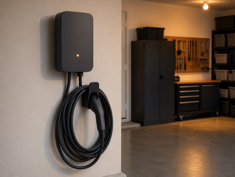 Wall-mounted Level 2 EV charger installed on a clean garage wall, cable coiled on its holster