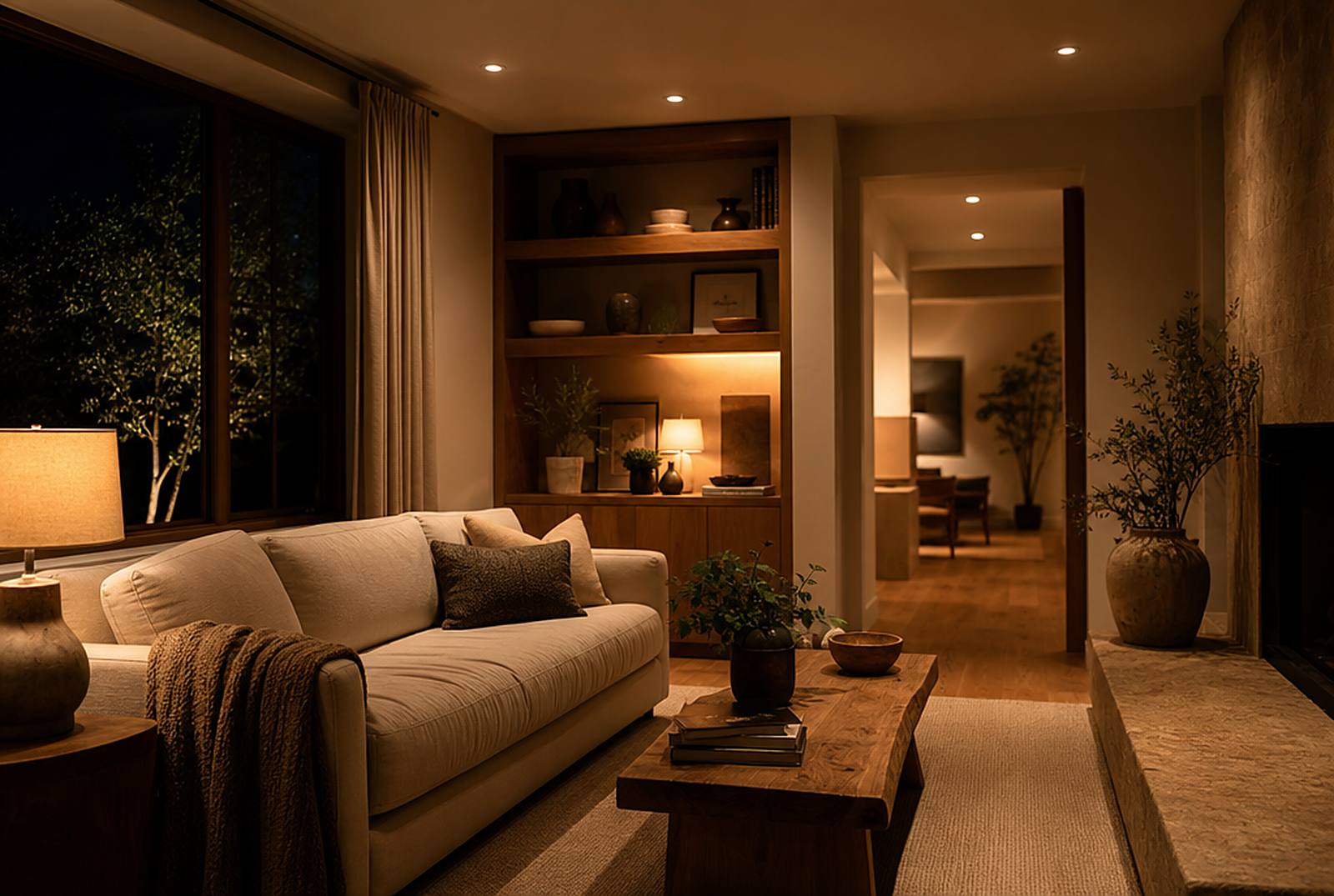 Living room in Sanford at night, lit warmly by recessed ceiling lights and a table lamp