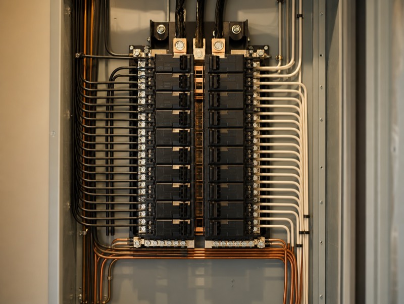 Inside of a breaker panel after a Beacon rewire — breakers aligned, wiring routed in clean parallel runs