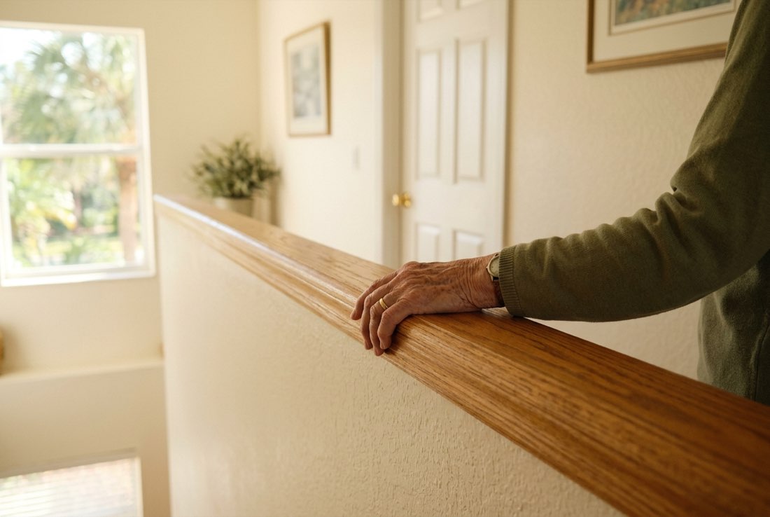 An older hand resting on a new oak handrail along a hallway wall