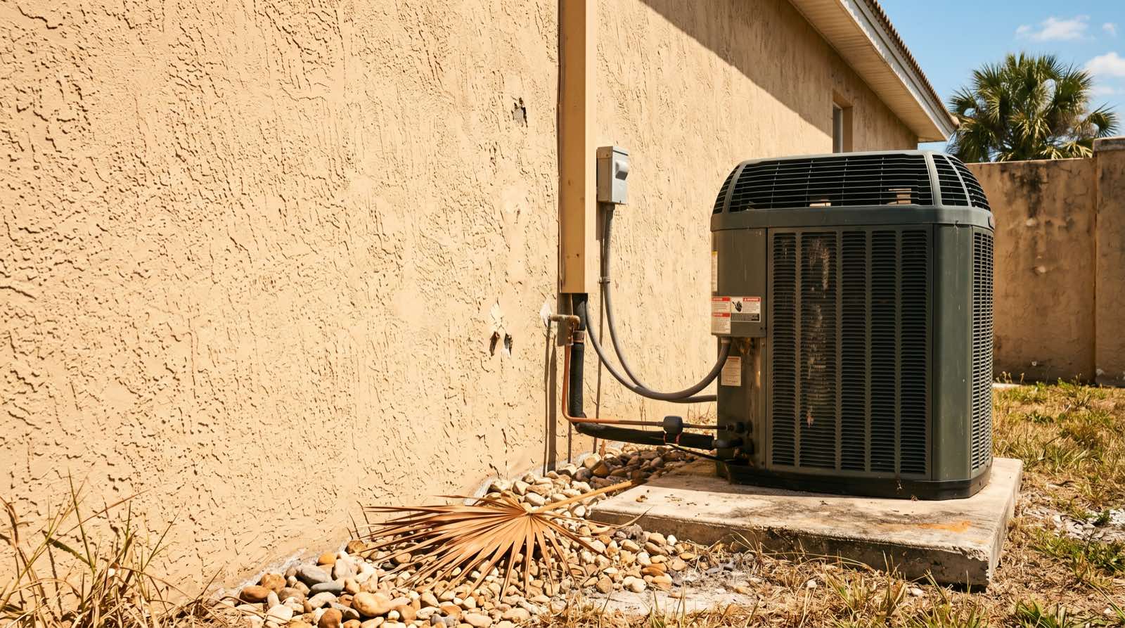 AC condenser unit beside the sun-baked stucco wall of a Clermont home under harsh midday Florida sun