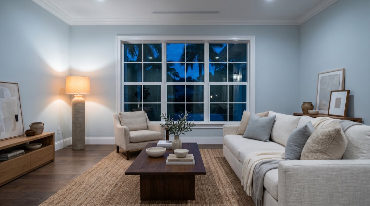 Serene, cool living room in a Clermont home — pale blue walls, linen sofa, everything calm