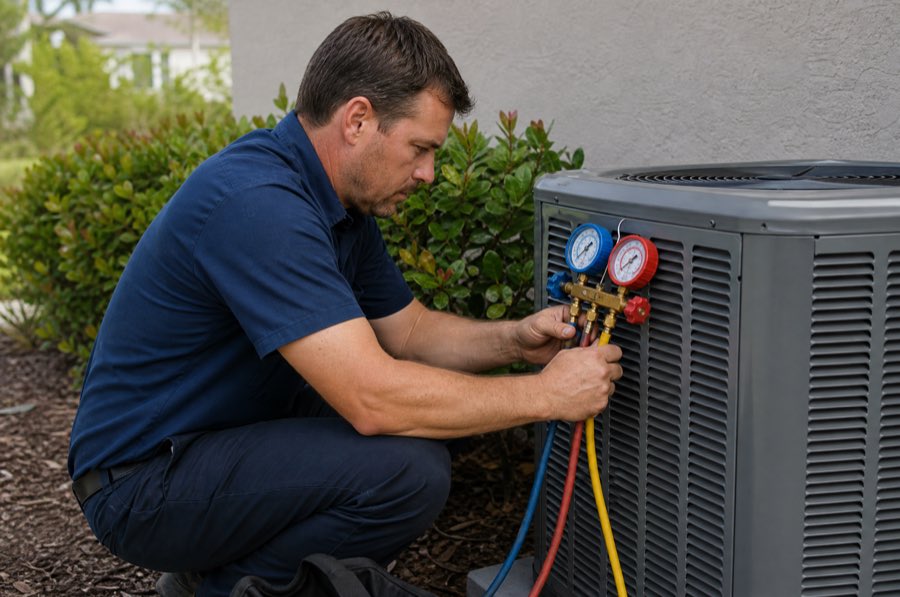 Marlin technician in plain navy workwear checking refrigerant pressure with manifold gauges on a residential condenser