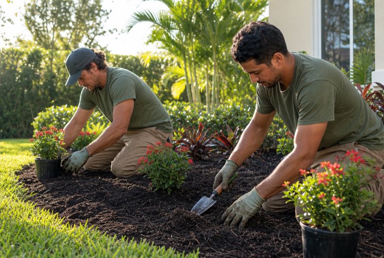Two Evergrove crew members in plain green shirts planting a flowering bed