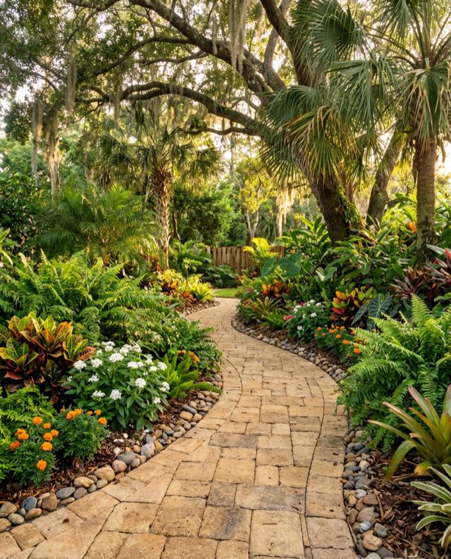 Curved paver path winding through layered planting beds under oaks and palms, evening light