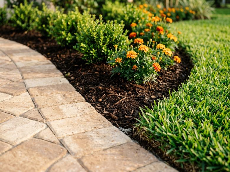 Hand-cut bed edge where pavers meet mulch and orange marigolds