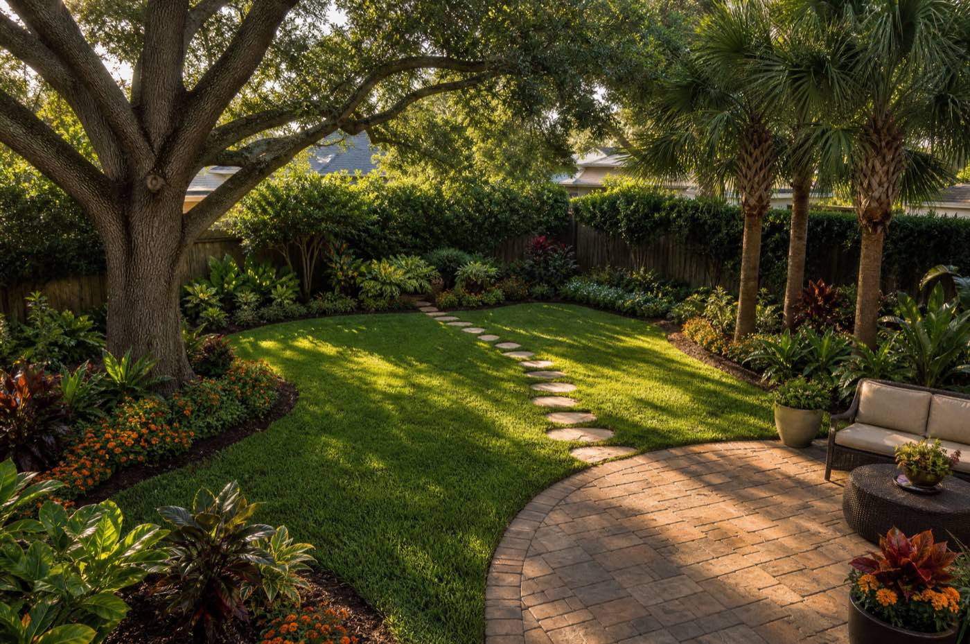 The finished Kingsbridge East backyard: curved paver terrace, kidney-shaped lawn, mature live oak and three cabbage palms in golden evening light