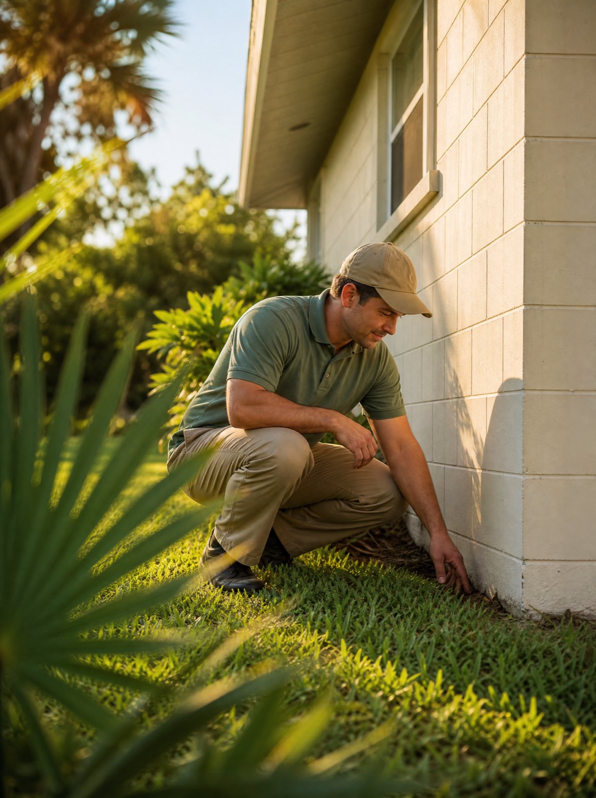 A Palmetto Pest technician crouched at the foundation line of a St. Cloud block home, checking for activity