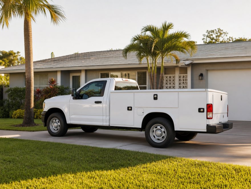 A clean white Palmetto Pest work truck parked in the driveway of a St. Cloud home