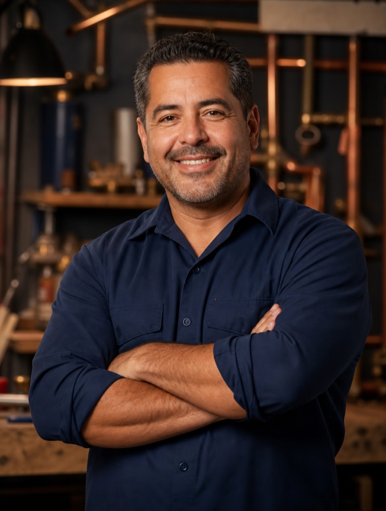 Manny Ortega, owner and master plumber of Summit Plumbing Co., arms crossed in his workshop