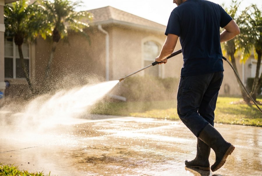 Tidal Pressure technician sweeping a backlit fan of spray across a Davenport driveway