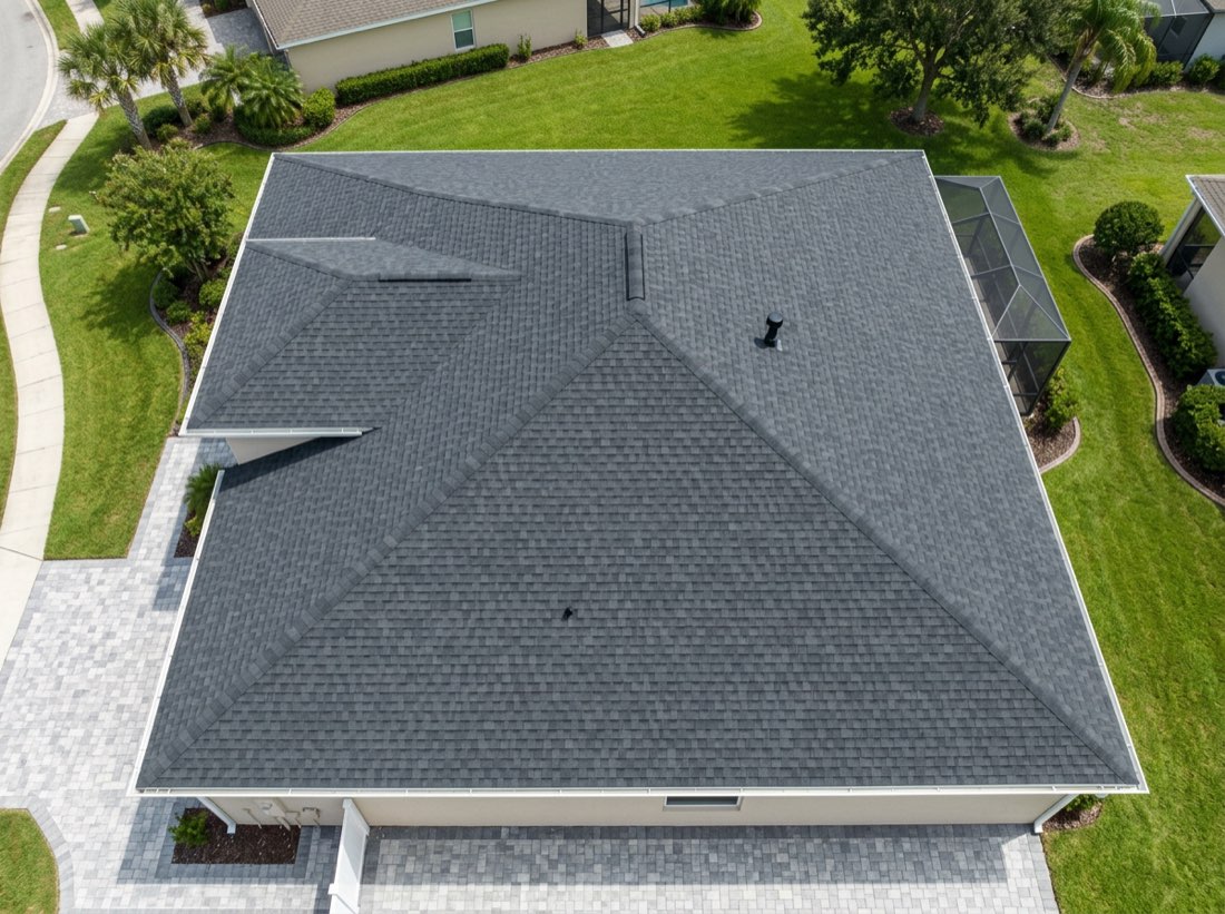 Straight-down drone photograph of a charcoal shingle hip roof in Winter Garden, used as the sample inspection figure