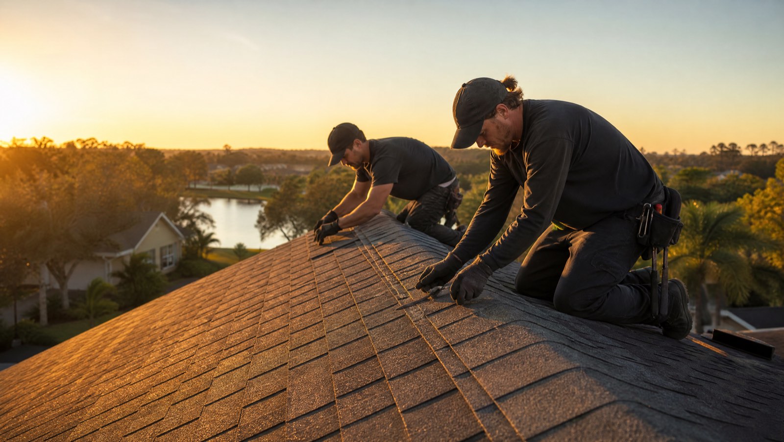 Two Crestline roofers kneeling on a shingle ridge line at golden hour, a Winter Garden lake and oak canopy behind them